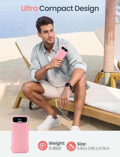12000 m Ah Ultra-Light Portable Power Bank with Built-In Cables & AC Wall Plug – PD20 W USB-C Fast Charging for i Phone, Samsung & Android – LED Display for Battery Monitoring – Ultimate Travel Companion for Quick Device Recharging