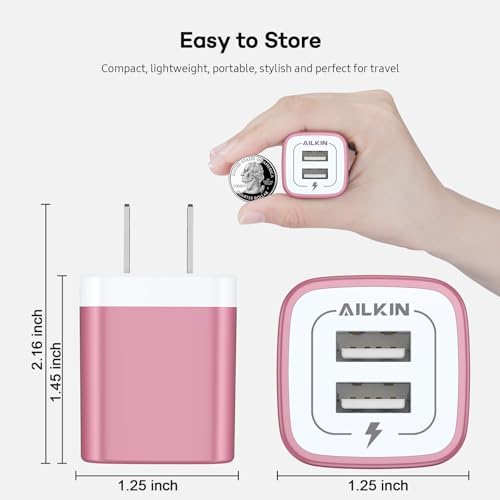 AILKIN Dual Port USB Wall Charger 2-Pack – 2.1 A Fast Charging Adapter for i Phone 15/14/13/12/11 Pro, Samsung Galaxy S23/S22/S21 – Compact Power Block with Quick Charge Technology – Universal Compatibility & Safety Features for Home and Travel