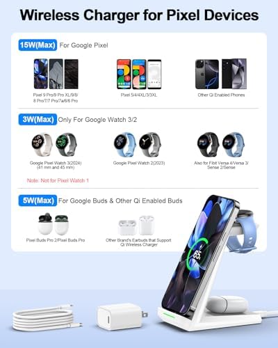 NANAMI 3-in-1 Wireless Charging Dock – Fast Charge Station for Google Pixel 9 Pro/XL/8/7/6, Buds Pro 2, and Watch 3/2 – Versatile Qi Charger with PD 3.0 Adapter for Home and Office – Safe, Ergonomic Design with Magnetic Pixel Watch Compatibility and Universal Device Support – Perfect Gift for Tech Lovers and Google Enthusiasts