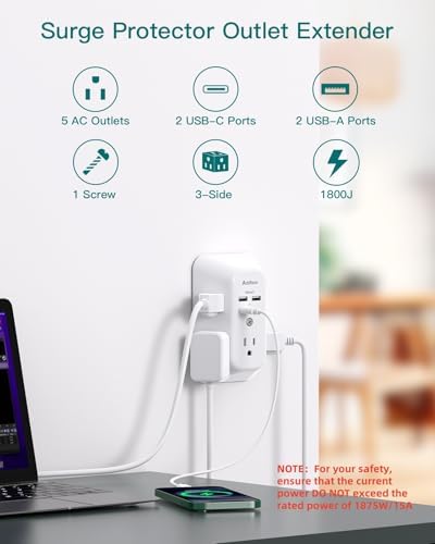 Addtam 5-Outlet Surge Protector with 4 USB Fast Charging Ports – Versatile Outlet Extender Power Strip for Home and Dorm Room Use, Enhanced Safety Features with Built-in Surge Protection, Compact Design for Easy Travel and Maximum Device Compatibility