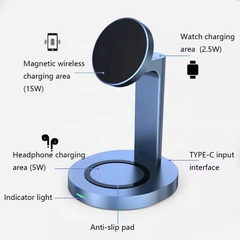 Qrion 15 W Magnetic 3-in-1 Wireless Charger Station – Premium Aluminum Alloy Dock for i Phone 15/14/13/12, Apple Watch & Air Pods Pro/3/2 – Fast Charging & Enhanced Compatibility with USB-C Cable – Sleek, Durable Design for Modern Homes and Offices
