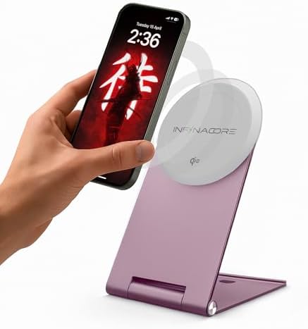 Infina Core Magnetic Wireless Charger Stand for Apple Devices – Qi2 Certified 15 W Fast Charging Dock for i Phone and Air Pods – Sleek, Durable Bedside Charging Station with Magnetic Alignment and Seamless Mag Safe Compatibility – Organize Your Tech Effortlessly