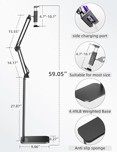 Adjustable Tablet Floor Stand with 4.5 LB Heavy Metal Base – Universal Phone Mount for i Pad, i Phone Pro, Samsung Galaxy Tab & E-Readers – Ergonomic Height & Angle Adjustment for Hands-Free Viewing & Enhanced Comfort