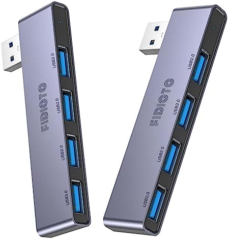 Enhance Your Digital Workspace with Fidioto USB Hub 2 Pack – Versatile 4-Port Adapter for Laptops & Macs, Featuring 1 Ultra-Fast USB 3.0 Port and 3 USB 2.0 Ports for Effortless Device Connectivity and Data Transfer, Ideal for Busy Professionals and Students on the Move