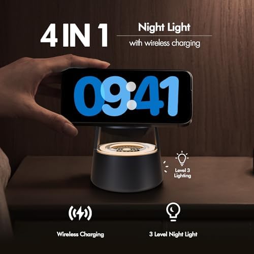 4-in-1 Mag Safe Wireless Charging Station with Adjustable Night Light – Fast 15 W Charger Stand for i Phone 16, 15, 14, 13, 12 Pro Max, Apple Watch Ultra, and Air Pods – Portable Travel-Friendly Design for Enhanced Compatibility and Nighttime Convenience