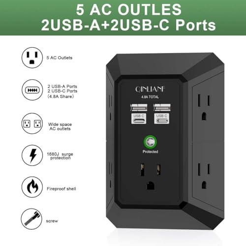 QINLIANF 5-Outlet USB Wall Charger with Surge Protection – 4 USB Ports (4.8 A Total) Power Strip Extender, 3-Sided Design for Easy Access, 1680 J Surge Defense, Compact Multi-Plug Adapter for Home, Travel, and Office Use – Elevate Your Charging Experience with Versatile Compatibility and Safety