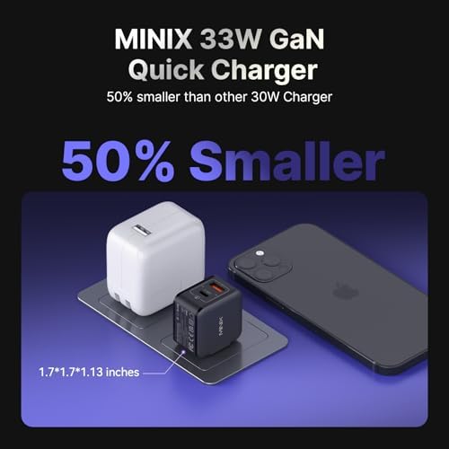 MINIX NEO P1 Mini 33 W Ga N Dual-Port Fast Charger – Ultra-Compact USB-C & Quick Charge 3.0 Adapter for i Phone 8-15, Galaxy S10-S21 & More – Essential Travel Charger with Advanced Heat Management for Efficient Multi-Device Charging