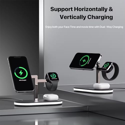 Ultimate 3-in-1 Fast Charging Station with Magnetic Alignment and LED Lamp for Apple Devices – 15 W Wireless Charger for i Phone and Qi-Compatible Gadgets, Efficient Workspace Organizer and Stylish Home Essential