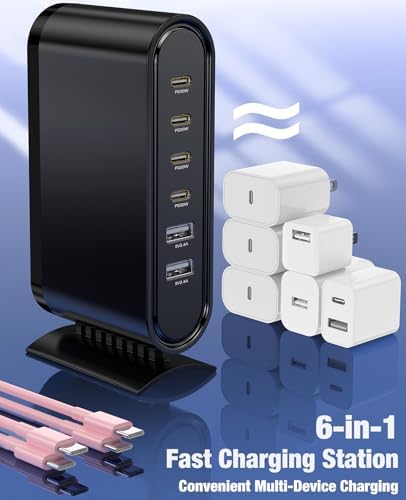 High-Power 96 W Multi-Device Charging Station – 6-Port USB-C Fast Charging Hub with 6 ft Cables for i Phone 16, 15 Pro Max, Samsung, Android & i Pad – Sleek Black Organizer for Home & Office Use – Rapid Charging Solution to Eliminate Cable Clutter