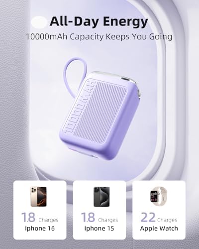 Compact 30 W Retractable USB-C Power Bank with Fast Charging – Sleek Dual Charging Battery Pack for i Phone 15, Android Devices & Laptops – Integrated 60 cm Cable & LCD Display for Ultimate On-the-Go Power Solutions