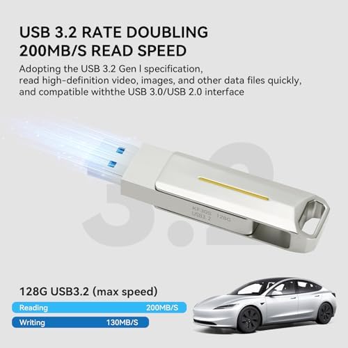 Elevate Your Tesla Experience with the 128 GB USB 3.2 Flash Drive for Model 3/Y/S/X – Lightning-Fast 200 MB/S Speeds for Dashcam and Audio Storage, Perfect for Laptops, Tablets, Smart TVs & Gaming Consoles – Unmatched Compatibility and Durability