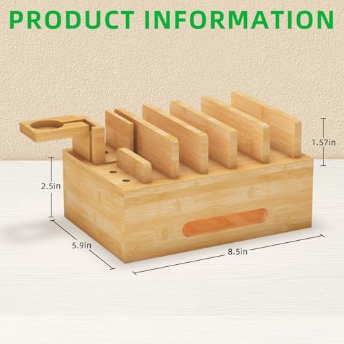 Eco-Friendly Bamboo Charging Station: Multi-Device Desk Docking Hub with 5-Port USB Charger & 6 Cables for Phones, Tablets, Smartwatches, and Earbuds – Ultimate Solution for Clutter-Free Charging and Enhanced Compatibility
