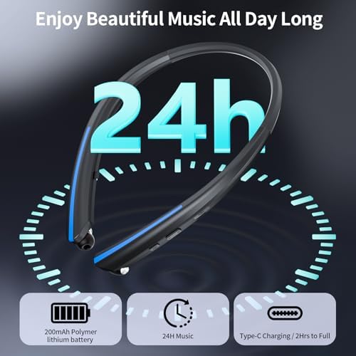 Elevate Your Active Lifestyle with Retractable Bluetooth Neckband Headphones – IPX5 Sweatproof Earbuds Featuring Noise Cancelling Technology, Vibration Alerts, and Built-in Microphone for Ultimate Hands-Free Convenience During Sports and Workouts (Black Blue) – Unmatched Performance and Compatibility for Audiophiles on the Go
