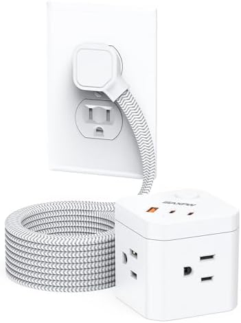 Compact Power Strip Cube with 4 AC Outlets & 3 USB Ports (2 USB-C) – 5 FT Flat Plug Extension Cord, Ideal Travel Charging Station for Office, Dorm, and Cruise Ship Use, Sleek Non-Surge Design for Enhanced Compatibility and Fast Charging Solutions