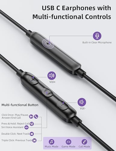 Elevate Your Audio Experience with Premium USB C Noise-Canceling In-Ear Headphones – High-Fidelity Wired Earbuds for i Phone 16 Pro Max, i Pad A16, and Android Devices – Integrated Microphone & Effortless Volume Control for Music, Calls, and Gaming – Perfect Compatibility with Samsung Galaxy Series and Google Pixel 9 – Durable Design for Long-Lasting Use and Seamless Plug-and-Play Convenience