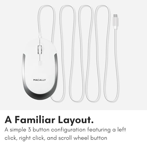 Ergonomic Macally Wired USB C Mouse – Precision Optical Sensor with Adjustable DPI (800/1200/1600/2400) for Seamless Mac & Windows Experience – Compact, Ambidextrous Design for Left and Right-Handed Users – Effortless Navigation with 3 Buttons & Scroll Wheel – Perfect Travel Companion for Enhanced Productivity