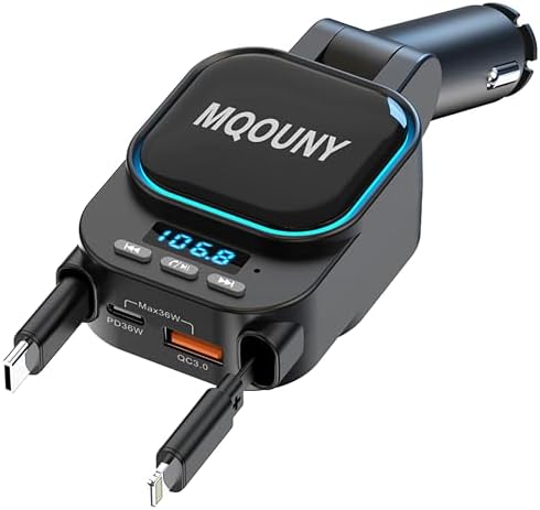 MQOUNY 4-in-1 Retractable Car Charger with Bluetooth 5.3 FM Transmitter – 96 W Fast Charging Solution for Multiple Devices, Ideal Hands-Free Calling & Music Streaming Accessory for Cars, Perfect Gift for Tech-Savvy Men and Women