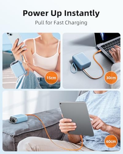 Compact 30 W Retractable USB-C Power Bank with Fast Charging – Sleek Dual Charging Battery Pack for i Phone 15, Android Devices & Laptops – Integrated 60 cm Cable & LCD Display for Ultimate On-the-Go Power Solutions