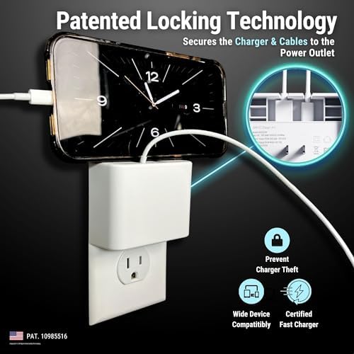 Secure Charge Lock System: Advanced Anti-Theft & Tug-Proof Phone Charger with Patented Slim Design – Dual Fast Charger Included, Plus 6 FT USB-C to Lightning Cable for Universal Compatibility – Protect Your Devices Anywhere!