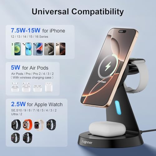 Enhanced 3-in-1 Magnetic Wireless Charging Station with 15 W Fast Charging for i Phone 16/15/14/13/12 Series, Apple Watch, and Air Pods – Ergonomic Design, Adjustable Viewing Angles, and Advanced Safety Features for Optimal Device Care