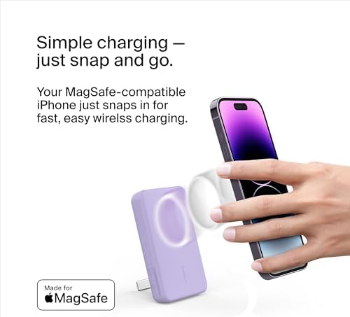 Belkin Wireless Power Bank 5000 m Ah with Mag Safe Compatibility – Portable Charger for i Phone 16 Series, i Phone 15, and Air Pods – 7.5 W Fast Charging with Built-in Kickstand for Hands-Free Use – Lightweight White Design for On-the-Go Charging Solutions
