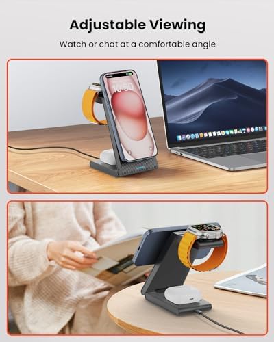 GEEKERA 3-in-1 Foldable Wireless Charging Station for Apple Devices – Fast Charge Your i Phone 16/15/14/13/12/11 Pro Max, Apple Watch Ultra/10/9/SE/8/7/6/5 & Air Pods Pro/4/3/2 with Travel-Friendly Design – Ultimate Multi-Device Charging Solution for Home & On-the-Go Efficiency