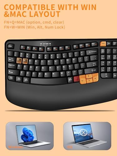 Revolutionize Your Workspace with the Ergonomic Wireless Keyboard – Comfort-Driven Design with Wave Keys & Cushioned Wrist Rest for Effortless Typing, 2.4 GHz Connectivity for Windows & Mac OS, Stylish Black & Orange Finish – Spill-Resistant & Built for Longevity