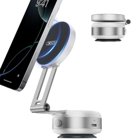 Electric Vacuum Magnetic Suction Phone Holder,XO Adjustable and Foldable Car Mount,Strong Magnetic Car Phone Holder for iPhone16/15/14/13/12,for Shower/Car/Mirror(Light Grey – Enhanced Compatibility and Speed