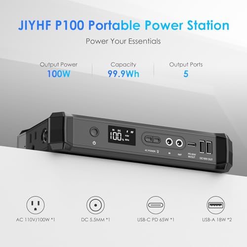 JIYHF High-Capacity Portable Power Bank with AC Outlet – 99.9 Wh / 27000 m Ah Charger for Laptops and Devices, 100 W AC + 65 W PD USB-C + 5521 DC Ports for Seamless Business Travel, Outdoor Adventures, and Emergency Power Solutions – Optimal Compatibility and Rapid Charging Efficiency