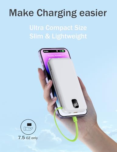 Ultra-Compact 10,000 m Ah Portable Charger with Integrated Cables & AC Plug – Fast Charging Power Bank for i Phone, Samsung, and Android Devices – QC 22.5 W & PD 20 W Travel Essential with Sleek Design for Maximum Convenience and Reliability