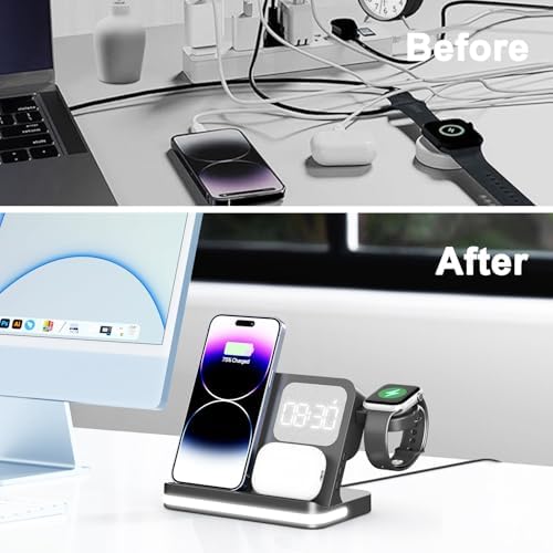 Revolutionary 7-in-1 Wireless Charging Station for Apple and Android Devices – Fast Charging Dock with Adjustable Night Light, Alarm Clock, and Anti-Slip Design for i Phone, Air Pods, and Apple Watch – Ultimate Convenience and Safety for Your Charging Needs