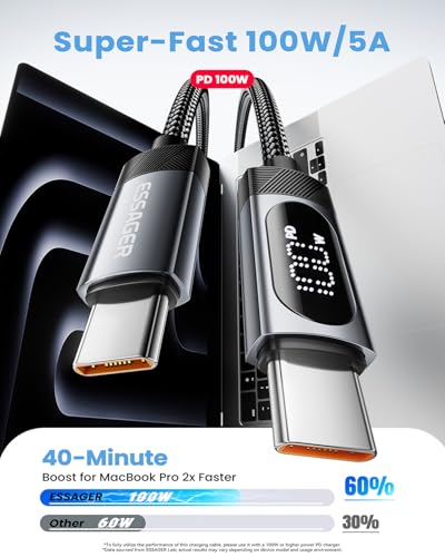 ESSAGER LED Display USB C to C Cable (3.3 FT + 6 FT, 2-Pack) – 100 W Fast Charging Solution for i Phone 16/15 Pro Max, Mac Book Pro, i Pad Pro 2024, Galaxy S24 Ultra & Pixel – Real-Time Charging Status, Enhanced Durability & Travel-Friendly Design