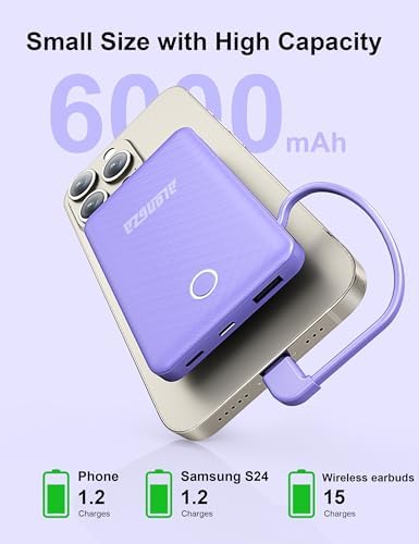 Compact 6000 m Ah Portable Power Bank with Built-in Cable – Lightweight Fast Charging External Battery for i Phone and Android – Ultimate Travel Companion for On-the-Go Charging Efficiency
