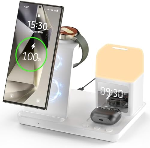 Ultimate 6-in-1 Wireless Charging Station for Samsung Devices – Stylish Purple Design with Alarm Clock and Night Light Functionality – Fast Charging for Galaxy S25/S24/S23 Ultra Series, Galaxy Watch 7/6/5/4, and Galaxy Buds – Ideal for Home or Office Use – Enhanced Safety Features and Adjustable Brightness Settings – Tidy Up Your Space with This Multi-Device Charger – Compatible with USB-C, Perfect for Samsung Users Seeking Convenience and Efficiency – Say Goodbye to Clutter and Hello to Seamless Charging Experience!