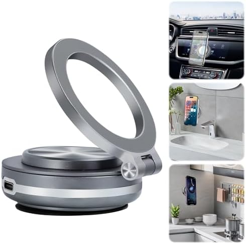 Magnetic Car Phone Mount with Electric Vacuum Suction – 360° Rotating Holder for i Phone & Android – Strong Grip for Secure Placement on Smooth Surfaces in Car, Kitchen, Gym & More – Sleek Silver Design for Enhanced Compatibility and Safety