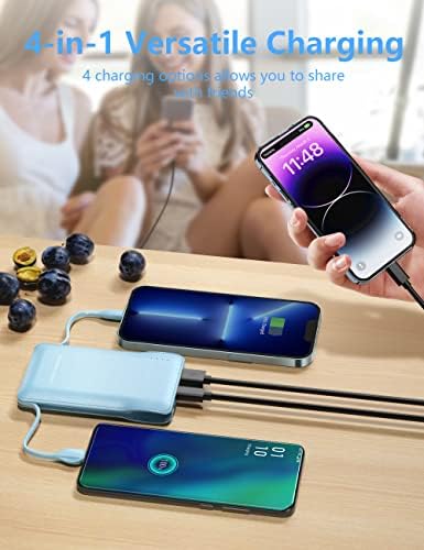Ultra-Slim 10000 m Ah Portable Charger with Integrated Dual Cables – Fast Charging Power Bank for Android & i OS Devices – Compact Travel Essential with USB-C In/Out for Ultimate Convenience and Enhanced Compatibility