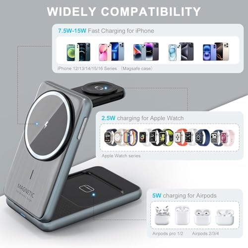 All-in-One 3-in-1 Wireless Charging Station for Apple Devices – Fast Charge Your i Phone 16/15/14/13/12/11 Pro Max, Air Pods Pro & Apple Watch with Enhanced Safety Features – Sleek, Portable Design for Home and Travel – Premium Aluminum Alloy with Smart Overcharge Protection