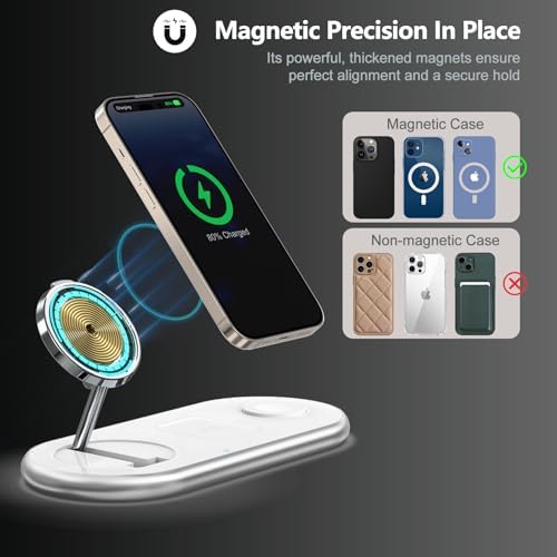 2025 Enhanced 3-in-1 Charging Station for Apple Devices | Fast Magnetic Mag-Safe Wireless Charger for i Phone 16/15/14/13/12, Apple Watch 1-10/Ultra, & Air Pods Pro | Sleek Silver Design | Compact & Portable Charging Solution for Home and Travel | Superior Compatibility and Rapid Charging Efficiency