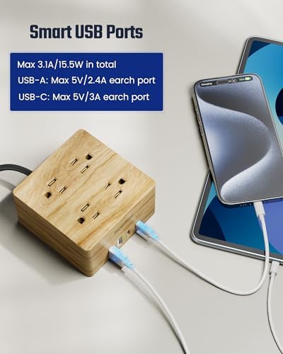 SUPERDANNY Portable USB Power Strip Surge Protector – Premium Desktop Extension Cord with 4 Spacious Outlets & 4 Advanced Smart USB Charging Ports for Home, Office, Hotel, Dorm, and RV Use – Elegant Faux Walnut Finish for Enhanced Aesthetics and Device Safety
