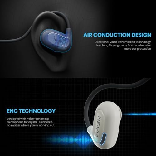 BASN Air S1 Wireless Open Ear Headphones – Advanced Bluetooth 5.3 Technology for Seamless Audio Connectivity – Dynamic 16.2 mm Speakers Delivering Premium Sound Quality – IPX5 Sweat and Water Resistant for Ultimate Durability – Lightweight Ergonomic Design with Enhanced ENC Technology for Crystal Clear Communication – Ideal for Fitness, Running, Cycling, and Outdoor Activities