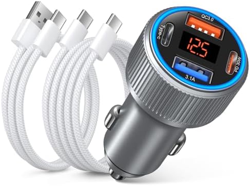 Ultra-Fast 65 W 4-Port Type-C Car Charger with Real-Time Voltmeter & Dual USB-C Cables – Unmatched Compatibility for i Phone 16/15 Pro Max, Galaxy S Series, and Android Devices – High-Speed QC/PD 3.0 Technology for Efficient Charging on the Go