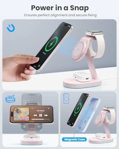 Ultimate 3-in-1 Wireless Charging Station for i Phone, Apple Watch, and Air Pods – Qi2 Certified 15 W Magnetic Charger with 30 W USB-C Adapter & Integrated Night Light – Streamlined Design for i Phone 16/15/14/13/12 – Superior Speed and Enhanced Compatibility for Modern Tech Users
