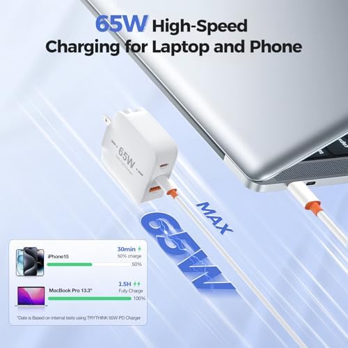TRYTHINK 65 W Ga N USB-C Power Charger – Ultra-Portable 3-Port Wall Adapter for Fast Charging i Phone 15, Mac Book, and Android Devices – Advanced Technology for Efficient, Travel-Friendly Power Solutions – Perfect for Professionals and Students on the Move