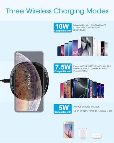 NANAMI Dual Pack Fast Wireless Charger – Qi Certified 10 W Charging Pad for i Phone 15/14/13/12/SE 2020/11 Pro & Samsung Galaxy S25/S24/S23/S22/S21/S20/Note 20 – Effortless Device Compatibility & Enhanced Speed for Air Pods Pro/3/2 – Sleek, Portable Design with Non-Slip Surface for Uninterrupted Charging