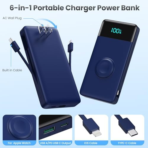Ultra-Compact 6-in-1 10800 m Ah Power Bank with Built-In Cables & AC Plug – Fast Charging for i Phone, Android, and Apple Watch – LCD Display for Easy Power Monitoring – Lightweight, Travel-Friendly Battery Pack for Multi-Device Charging – Perfect for i Phone 16/15/14 Series, Samsung Galaxy, and More – Enjoy Unmatched Versatility and Convenience on the Go