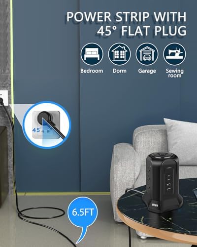 BEVA Tower Surge Protector Power Strip: 9 AC Outlets & 4 Fast-Charging USB Ports for Ultimate Device Connectivity, 6.5 FT 18 AWG Extension Cord with 3-Prong Flat Plug – Ideal Desk Charging Station for Office, Dorm & Home Use, Ensuring Safety & Efficiency