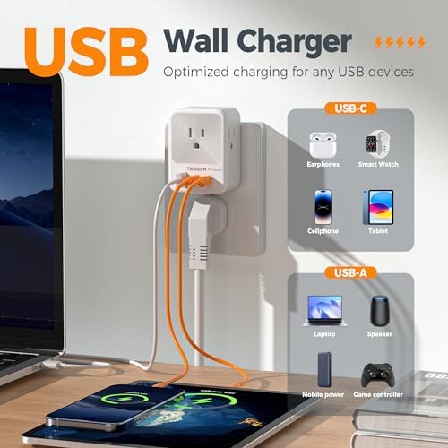 TESSAN Versatile 4-Outlet Surge Protector with 3 Fast USB Charging Ports (2 USB-C) – Ultimate Wall Outlet Extender for Home, Office, and Dorm – Maximize Device Connectivity with Superior Safety Features and Compact Design