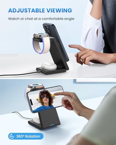 Magnetic Wireless Charging Station for i Phone 15/14/13/12 Pro Max & Apple Devices – Joy Geek 3-in-1 Fast Charger Pad for i Phone, Apple Watch Ultra 9-2, and Air Pods – Compact Design with Enhanced Compatibility and Secure Magnetic Alignment