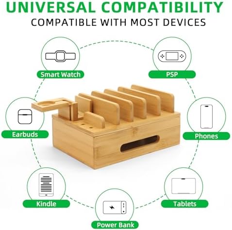 Eco-Friendly Bamboo Charging Station: Multi-Device Desk Docking Hub with 5-Port USB Charger & 6 Cables for Phones, Tablets, Smartwatches, and Earbuds – Ultimate Solution for Clutter-Free Charging and Enhanced Compatibility
