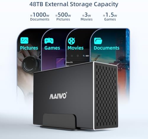 MAIWO Dual Bay Hard Drive RAID Enclosure – 48 TB Storage Solution with 5 Gbps USB 3.0 Connectivity, Premium Aluminum Design, and Cooling Fan for Optimal Performance – Supports RAID 0/1/JBOD/PM Configurations for Enhanced Data Management and Security